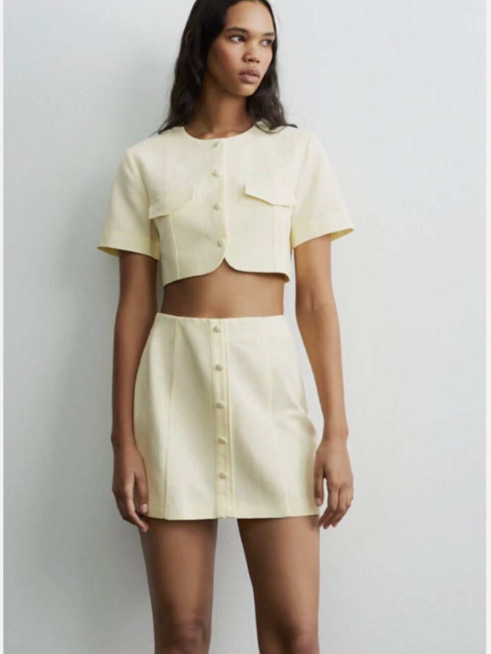 Zara Butter Yellow Linen Blend Co-Ord Set Size L NWT Button Top Mini Skirt